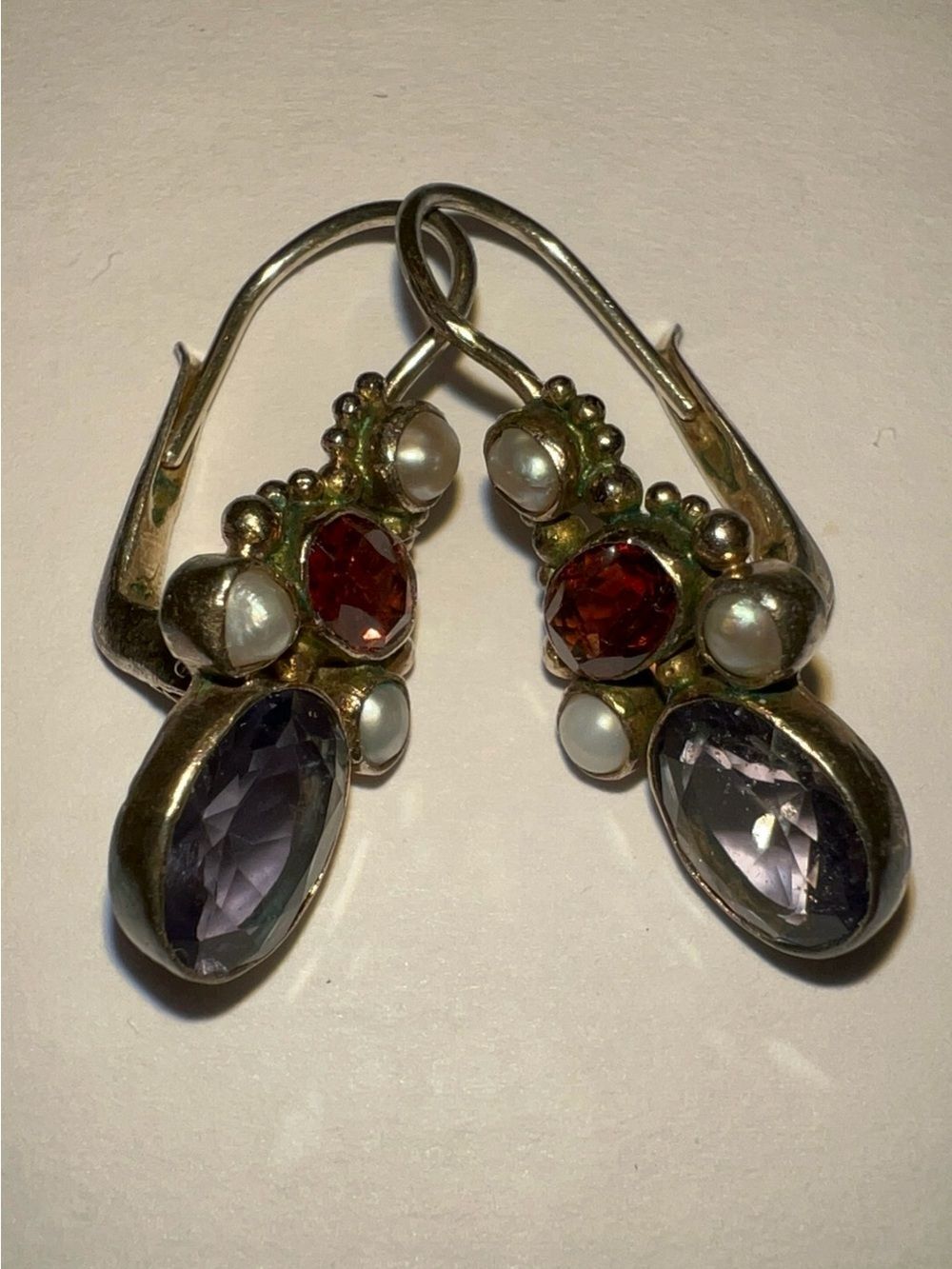 Sterling Silver Drop Earrings with Lavender and Garnet Stones and Pearls - Picture 2 of 8